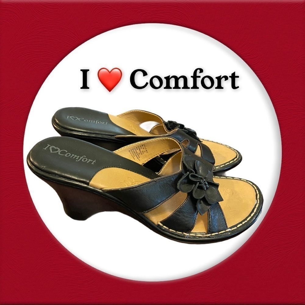 I Love Comfort Black Leather Slide Wedge Sandals 8